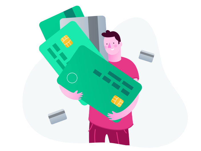 ilustração de homem segurando cartões de crédito gigantes