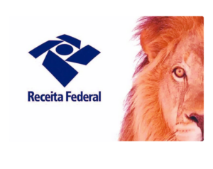 Leão ao lado do logo da receita federal no artigo explicativo de como declarar ações no imposta de renda 2022