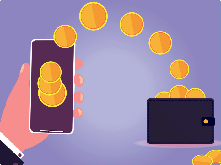 Celular enviando um dinheiro de volta para a carteira para ilustrar a movimentação do cashback