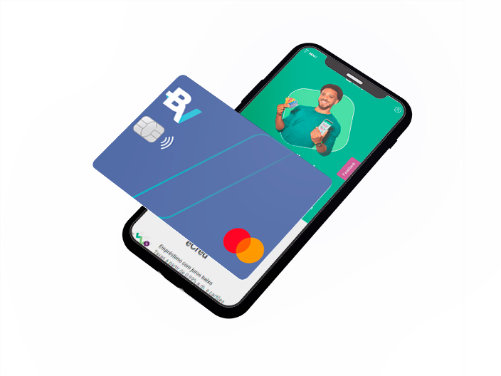 Celular logado na página do Serasa eCred com um cartão da BV em cima