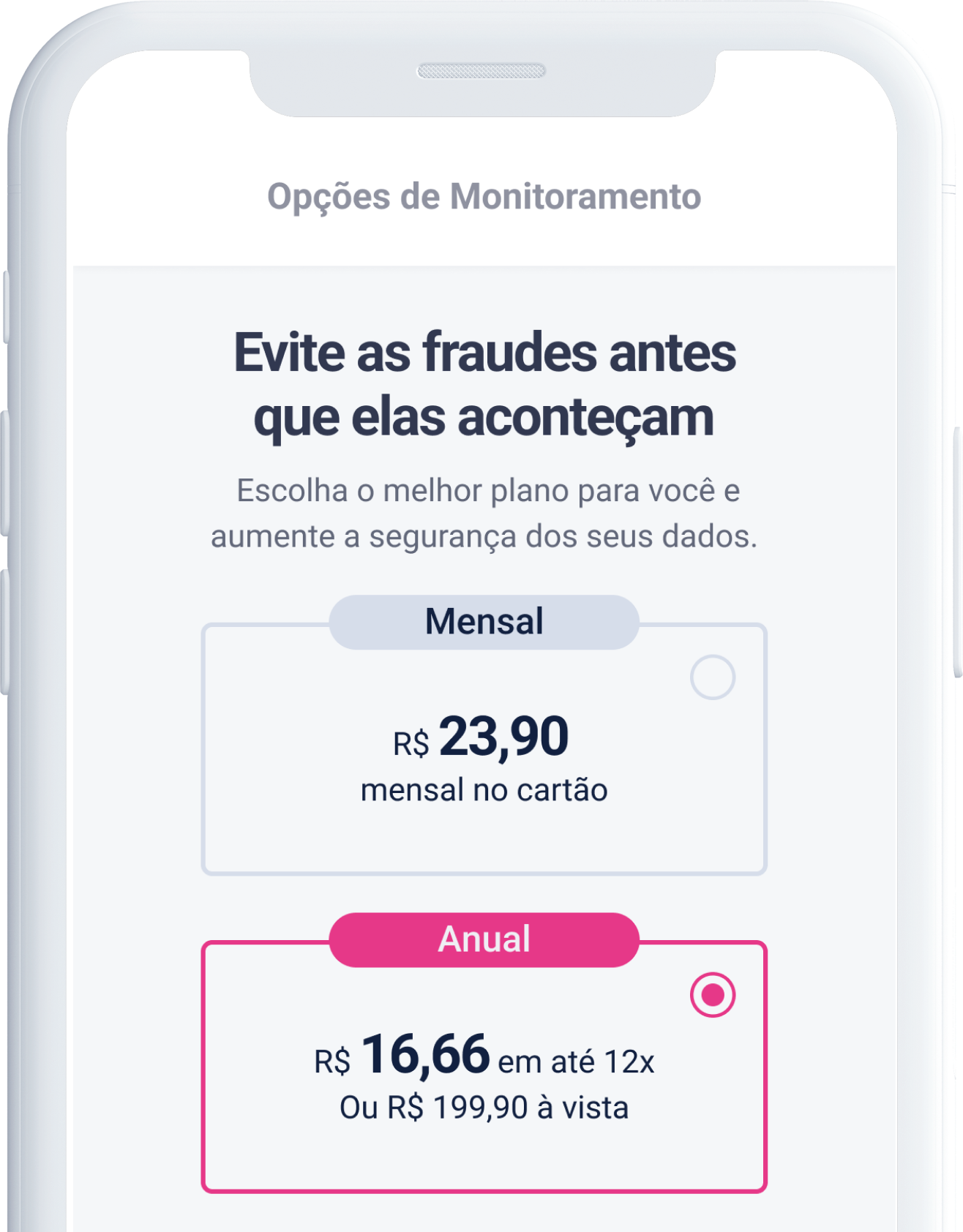 Celular mostrando na tela as duas opções de planos do Serasa Premium. Sendo uma mensal de R$23,90 e outra anual de até 12 vezes de R$16,66.