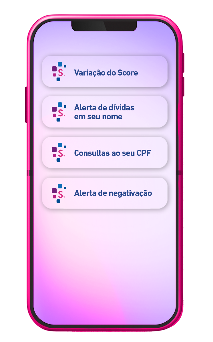 Celular exibindo Serasa Premium com notificações de alertas de: variação de Score, dívidas em seu nome, consultas ao seu CPF e negativações.