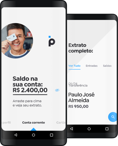 Imagem da tela de um celular com a foto do usuário e as informações do saldo de sua conta.