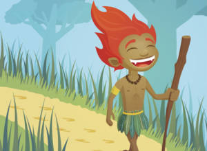 curupira - menino de pele morena, cabelos vermelhos e pés virados para trás. ele anda na floresta segurando um galho de madeira. Ao fundo vemos grama, árvores e o céu azul. Personagem do folclore brasileiro. 